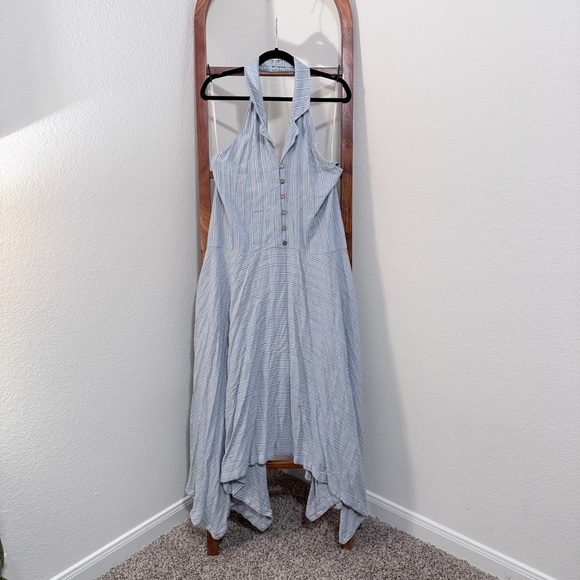 Free People No Rush Midi Asymmetrical Halter Dress in Blue Combo Size Medium - Picture 2 of 7